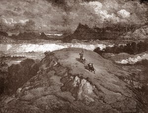Don Quijote und Sancho Panza nähern sich der Sierra Morena. Gravur von Gustave Doré für „Der sinnreiche Junker Don Quijote von der Mancha“ von Miguel de Cervantes, 1863
