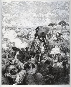 Don Quixote greift eine Schafherde an, da er glaubt, es handle sich um die Armee von Alibanfaron von Taprobana - aus „Don Quixote de la Mancha“ von Miguel Cervantes (1547-1616) - Holzschnitt nach einer Zeichnung von Gustave Dore
