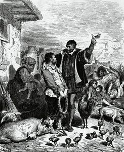 Don Quijote nimmt Sancho Panza aus seinem Haus und ernennt ihn zum Gouverneur, Illustration von Gustave Doré (1832-1883) für die Ausgabe von 1880 von Don Quijote von Miguel de Cervantes Saavedra (1547-1616) von Gustave Dore