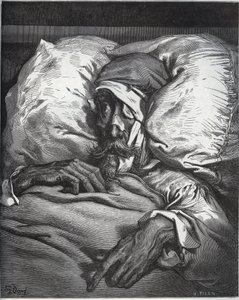 Don Quixote verwundet - aus „Don Quixote de la Mancha“ von Miguel Cervantes (1547-1616) - Holzschnitt nach einer Zeichnung von Gustave Doré