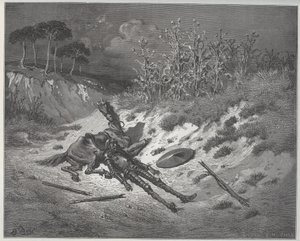 Don Quixote verwundet, fleht um Gnade und Hilfe der Figuren seiner Fantasie - aus „Don Quixote de la Mancha“ von Miguel Cervantes (1547-1616) - Holzschnitt nach einer Zeichnung von Gustave Dore von Gustave Dore