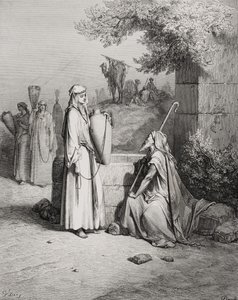 Eliezer und Rebekka, Genesis 24:15-21, Illustration aus Dores 
