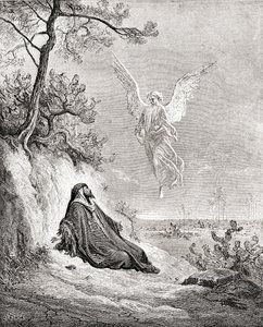 Elia wird von einem Engel genährt (nach einem Werk aus der Bibel von Gustave Doré, aus Leben und Erinnerungen von Gustave Doré, veröffentlicht 1885)