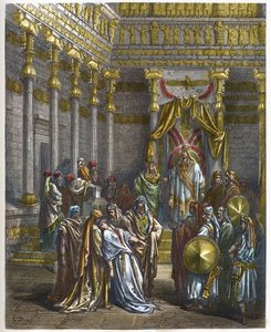 Esther fällt vor dem König von Persien Assuerus I. (Xerxes I.) in Ohnmacht - Königin Esther fällt vor König Ahasverus in Ohnmacht - Gravur in „The Bible illustree“ von Gustave Doré (1832-1883) - Gravur aus „The Doré Bible“ von Gustave Dore