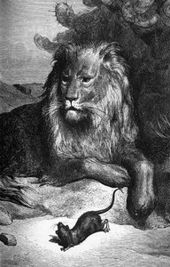 Fabel von La Fontaine: Der Löwe und die Ratte von Gustave Doré. 19. Jahrhundert. von Gustave Dore
