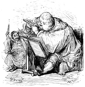 Gargantua-Erziehung: Der junge Herr lernt Flöte spielen mit seinem Musiklehrer. Gravur von Gustave Doré zur Illustration des Werks von Rabelais. von Gustave Dore