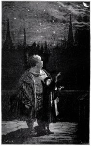 Gargantuas Erziehung: In der Nacht beobachtet der junge Riese mit einem Astronomen Sterne und Kometen am Nachthimmel. Illustration von Gustave Doré zum Werk von Rabelais. von Gustave Dore