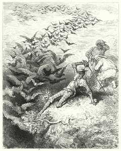 Don Quijote: "Eine unendliche Anzahl von übergroßen Krähen und Dolen kam aus der Höhle gestürzt und flatterte heraus" (Gravur) von Gustave Dore