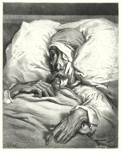 Gustave Dorés Don Quixote: "Don Quixote, so unglücklich verletzt, war äußerst mürrisch und melancholisch" (Stich)