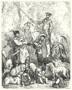 Gustave Dorés Don Quixote: "Versuche, deinen Magen damit zu beruhigen, bis das Abendessen fertig ist" von Gustave Dore