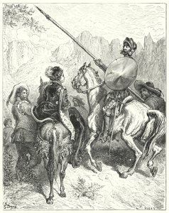 Gustave Dorés Don Quixote: "Nun, Dame," sagte Don Quixote, "lassen Sie mich Ihre Größe bitten, mir zu sagen, welchen Weg wir gehen müssen, um Ihnen zu dienen" (Stich) von Gustave Dore