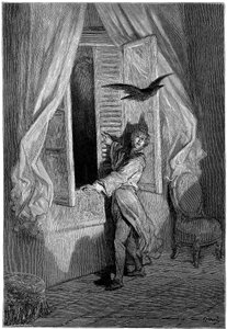 Illustration von Gustave Dore (1832-1883) für Edgar Allan Poes Kurzgeschichte „Der Rabe“. Diese Serie wurde von Dore 1883, dem Jahr seines Todes, abgeschlossen und ist daher eines seiner neuesten Werke.