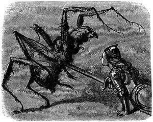 Illustration von Gustave Doré (1832-1883) für Ernest Lepines Buch „Die Legende von Croquemitaine“ (1863) - Vor diesem Bild eines Schwertkampfes gegen eine gigantische Spinne kann man nicht anders, als an den Kampf von Frodo und Kankra in Tolkiens Werk zu d von Gustave Dore