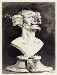 Imaginäre Büste, die den Baron von Münchhausen darstellt, signiert "Canova 1766". Illustration von Gustave Doré für die erste Version der Abenteuer des deutschen Obersten "Die Abenteuer des Baron von Münchhausen" von Rudolph Er von Gustave Dore