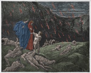 Inferno, Gesang 15: Brunetto Latini spricht Dante an, Illustration aus "Die Göttliche Komödie" von Dante Alighieri, 1885 von Gustave Dore