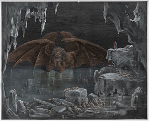 Inferno, Gesang 34: Luzifer, König der Hölle, im Eis gefroren, Illustration aus "Die Göttliche Komödie" von Dante Alighieri, 1885