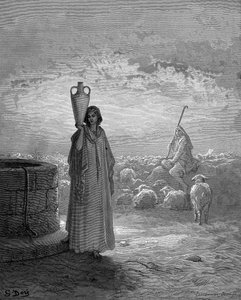 Jakob, der Labans Herden hütet, sieht Rahel am Brunnen. Genesis 29. Aus der illustrierten Bibel von Gustave Doré 1866. Holzstich von Gustave Dore