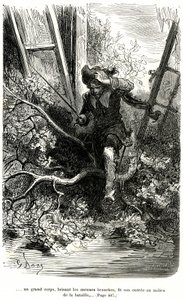 Jacquemin Lampourde, die Pistole in der Hand, kam zu einem Punkt in der Schlacht. Stich von Gustave Doré, der den Schelmenroman von Théophile Gautier „Der Kapitän Fracasse“ illustriert, Charpentier-Ausgabe 1863 von Gustave Dore