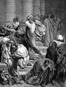 Jesus Christus vertreibt die Händler aus dem Tempel. Illustration von Gustave Doré von Gustave Dore
