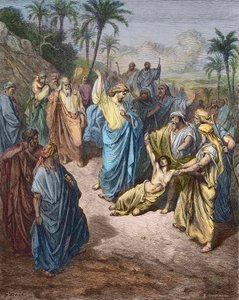Jesus Christus heilt einen jungen Besessenen - Jesus heilt den Wahnsinnigen - Farbgravur nach Gustave Doré von Gustave Dore
