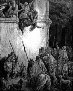 Isebel, phönizische Prinzessin und Frau von König Ahab von Israel, wird auf Befehl von Jehu aus dem Fenster geworfen und ihr Körper wird von Hunden gefressen (2. Könige 9,33, aus der illustrierten Bibel von Gustave Doré, Holzstich, 1866)