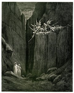 Die Hölle (Die göttliche Komödie) von Dante Alighieri, illustriert von Gustave Doré. Ausgabe Hachette 1861. Französische Übersetzung von Pier-Angelo Fiorentino. Dante und Virgil gegenüber den Dämonen: Kaum hatten seine Füße den Grund erreicht - Des Bodens  von Gustave Dore