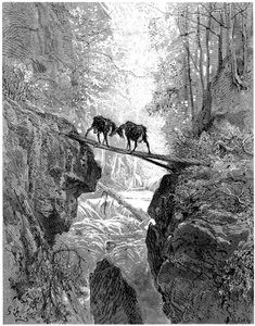 Die zwei Ziegen: Fabel von Jean de la Fontaine, illustriert von Gustave Doré - Wald, Bach, Bach