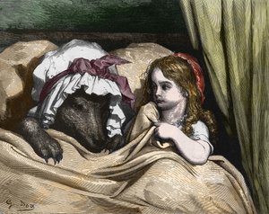 Rotkäppchen und der Wolf mögen die Großmutter nicht. Illustration von Gustave Doré von Gustave Dore