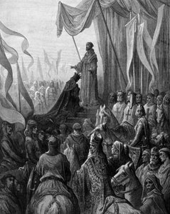 Ludwig VII. (1120 - 1180) kniet vor St. Bernhard von Clairvaux (San Bernardo di Chiaravalle) in Vézelay. Gravur von Gustave Doré. 19. Jahrhundert von Gustave Dore