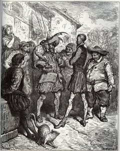 Maese Pedro und der wahrsagende Affe - aus „Don Quijote de la Mancha“ von Miguel Cervantes (1547-1616) (Don Quijote) - Holzschnitt nach einer Zeichnung von Gustave Doré von Gustave Dore