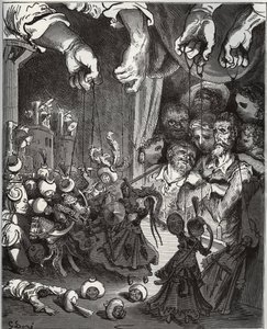 Maese Pedros Puppenspiel - aus „Don Quijote de la Mancha“ von Miguel Cervantes (1547-1616) (Don Quijote) - Holzschnitt nach einer Zeichnung von Gustave Dore von Gustave Dore