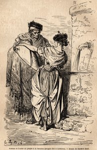 Mann und Frau des Volkes an der Quelle, in Carmona, Dorf in der Nähe von Sevilla. Skizze nach dem Leben von Gustave Doré (1832-1883). Gravur zur Illustration der Reise nach Spanien, 1862, von Charles Davillier und Gustave Doré, in „Le tour du monde, nouvea