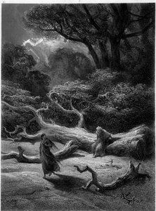 Merlin und Viviane im Wald von Brocéliande (Zyklus der Ritter der Tafelrunde) - in „Viviane“ von Alfred Tennyson, Illustration von G. Doré von Gustave Dore
