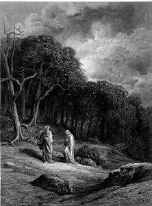 Merlin und Viviane im Wald von Brocéliande - in „Viviane“ von Alfred Tennyson, Illustration von G. Doré von Gustave Dore