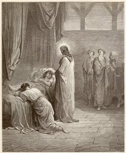 Wunder: Jesus Christus heilte die Tochter von Jaire. Gravur aus der Bibel illustriert von Gustave Dore von Gustave Dore