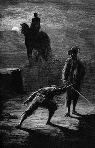 Nachtduell im Mondlicht zwischen Baron de Sigognac und Jacquemin Lampourde, unter der Reiterstatue des Bronzekönigs. Gravur von Gustave Doré, die Théophile Gautiers Roman „Der Kapitän Fracasse“ illustriert. Charpentier Edition 1863. von Gustave Dore