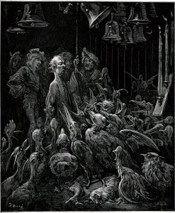 Auf der Insel Sonnante lässt Panurge die Vögel durch das Läuten der Glocken singen - Illustration von Gustave Doré für die vollständigen Werke von François Rabelais - Fünftes Buch - Pantagruel von Gustave Dore