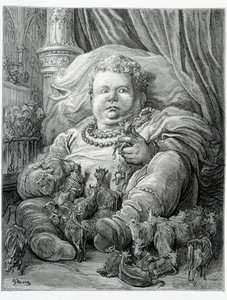Pantagruel umgibt Kühe - in „Gargantua“ von Rabelais, ill. von Gustave Doré von Gustave Dore
