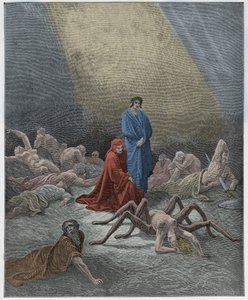Purgatorio, Canto 12: Dante betrachtet die Seele von Arachne, Illustration aus "Die Göttliche Komödie" von Dante Alighieri, 1885