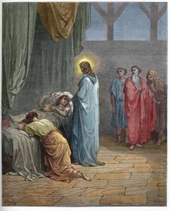 Auferweckung der Tochter des Jairus - Jesus erweckt die Tochter des Jairus - Gravur in „Die illustrierte Bibel“ von Gustave Doré - Gravur aus „Die Doré-Bibel“ von Gustave Dore