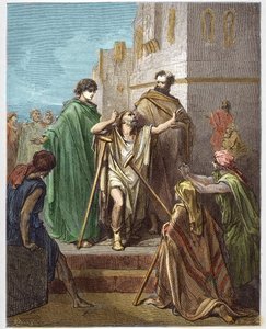 Heilung eines Lahmen durch St. Peter und St. Johannes - St. Peter, begleitet von St. Johannes, heilt auf wundersame Weise einen Lahmen in Jerusalem - Gravur in „Die illustrierte Bibel“ von Gustave Doré (1832-1883) - Gravur aus „Die Doré-Bibel“. von Gustave Dore