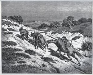 Sancho Panza, Don Quijote und ihre Reittiere nach ihrer Niederlage gegen die Yangers - aus „Don Quijote de la Mancha“ von Miguel Cervantes (1547-1616) (Don Quijote) - Holzschnitt nach einer Zeichnung von Gustave Dore. von Gustave Dore