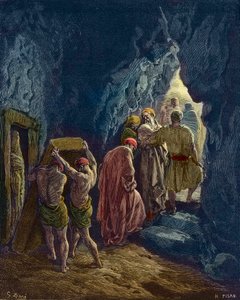 Der Tod von Sarah ist 127 Jahre alt - Die Beerdigung von Abrahams Frau Sarah - Gravur von Gustave Doré - spätere Kolorierung