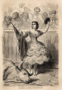 Szene des Stierkampfs: der Triumph von Teresa Bolsi, andalusische Torrera, die die Versammlung in Sevilla grüßt. Skizze nach dem Leben von Gustave Dore (1832-1883). Gravur zur Illustration der Reise in Spanien, 1862 von Charles Davillier und G von Gustave Dore