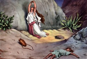 Set biblischer Lehrpostkarten aus den 50er Jahren, nach den Schönen Künsten: hier nach "Hagar und Ismael in der Wüste" von Gustave Doré