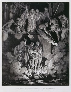 Schadrach, Meschach und Abednego im Feuerofen, Illustration aus der Dore-Bibel von Gustave Dore