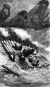 Sindbad der Seefahrer - Geschichte aus Tausendundeiner Nacht - Illustration von Gustave Doré - Maxwell-Ausgabe 1865 - Dritte Reise: Sindbad und seine Gefährten werden auf einem Floß von Riesen verfolgt, die riesige Steine auf sie werfen