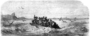 Sindbad der Seefahrer - Märchen aus Tausendundeiner Nacht - Illustration von Gustave Doré - Ausgabe Maxwell 1865 - Dritte Reise: Sindbad und seine Gefährten segeln auf einem Floß