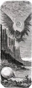 Sindbad der Seefahrer - Märchen aus Tausendundeiner Nacht - Illustration von Gustave Doré - Ausgabe Maxwell 1865 - Zweite Reise: Sindbad entdeckt auf einer Insel ein riesiges Ei des gigantischen Vogels Roc und wird von diesem Riesenangriff angegriffen von Gustave Dore