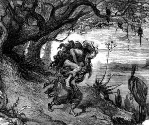Sindbad der Seefahrer - Märchen aus Tausendundeiner Nacht - Illustration von Gustave Doré (Detail) - Maxwell-Ausgabe 1865 - Fünfte Reise: Sindbad ist gezwungen, einen alten Mann auf seiner Schulter zu tragen, der sich an ihn klammert und von dem er sich ni von Gustave Dore